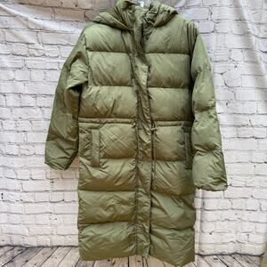 Fabletics Essentials Long Puffer Coat Moss Green Hood Size XS Winter Warm Cozy